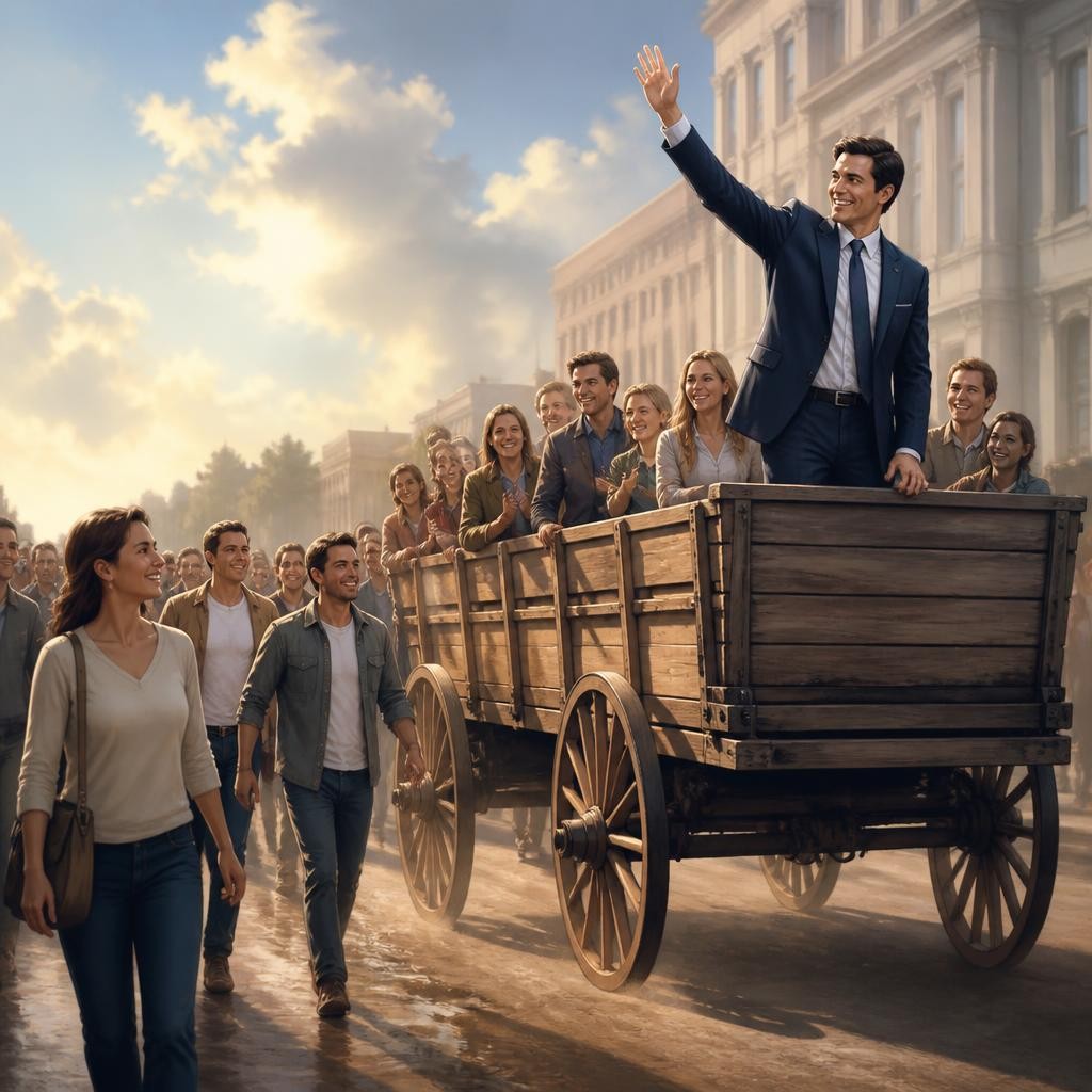 Illustration for the English word “bandwagon”