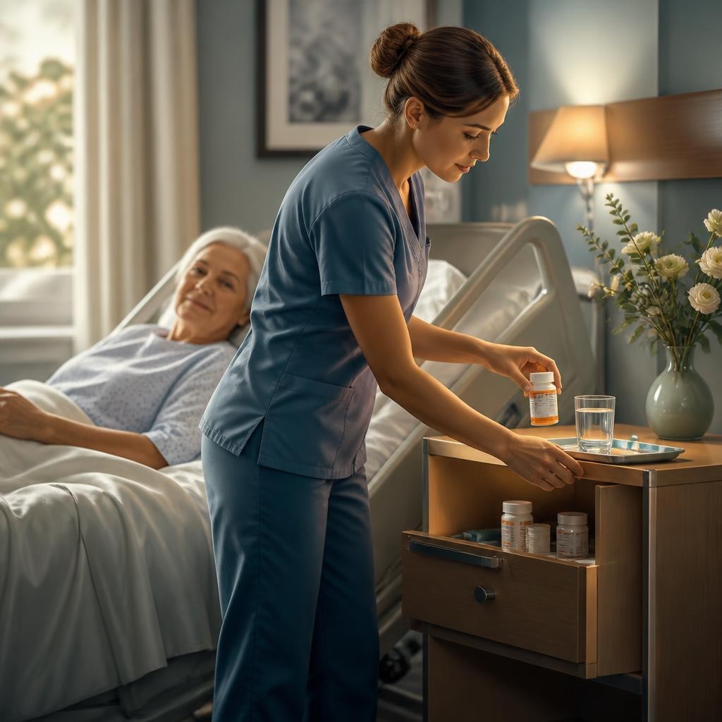 Illustration for the English word “bedside”