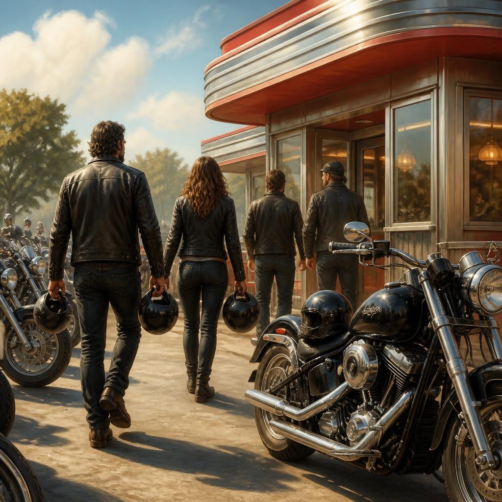 Illustration for the English word “bikers”