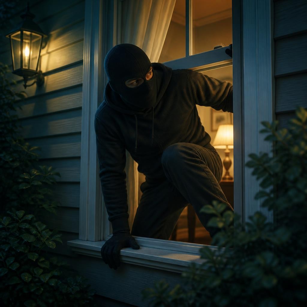 Illustration for the English word “burglar”