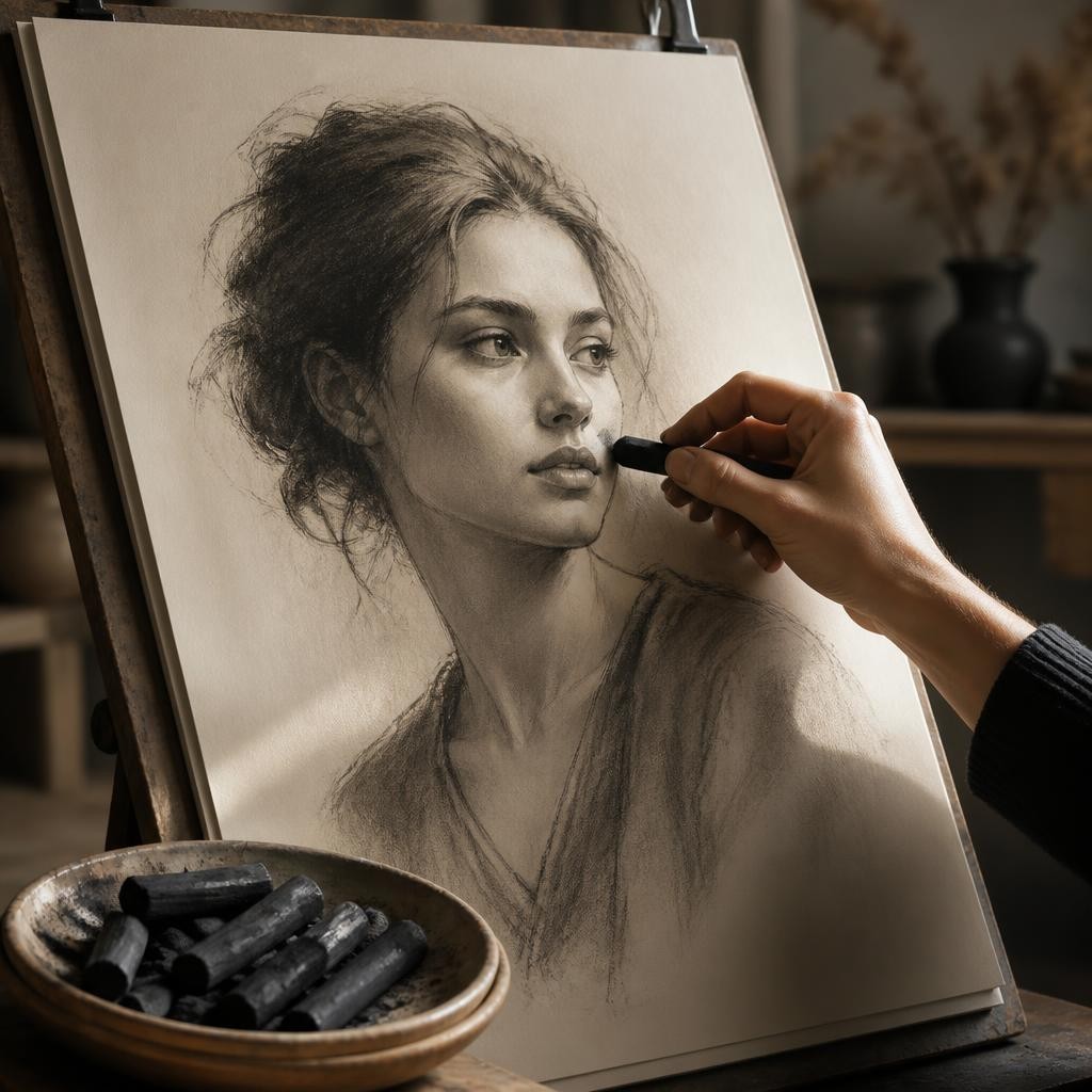 Illustration for the English word “charcoal”
