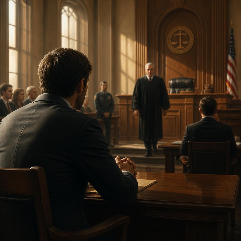 Illustration for the English word “courtroom”