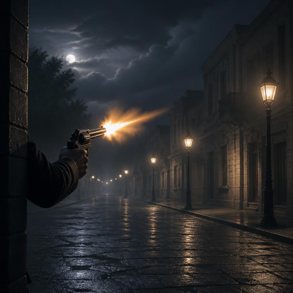 Illustration for the English word “gunshot”