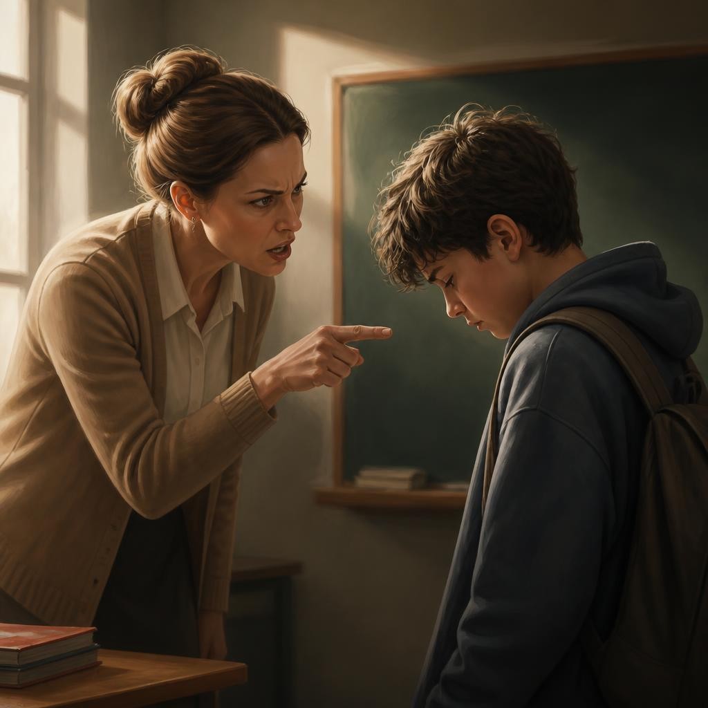 Illustration for the English word “harshly”