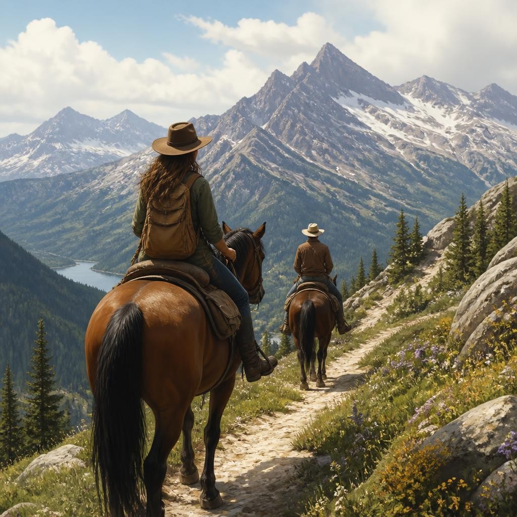 Illustration for the English word “horseback”