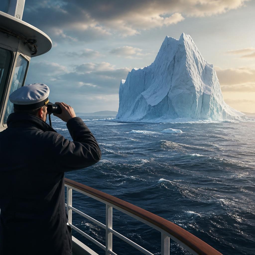 An iceberg, most of its mass below the surface.