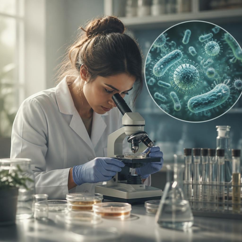 Illustration for the English word “microbiology”