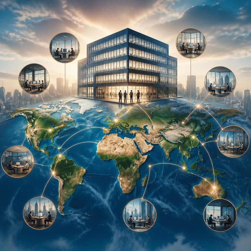 Illustration for the English word “multinational”