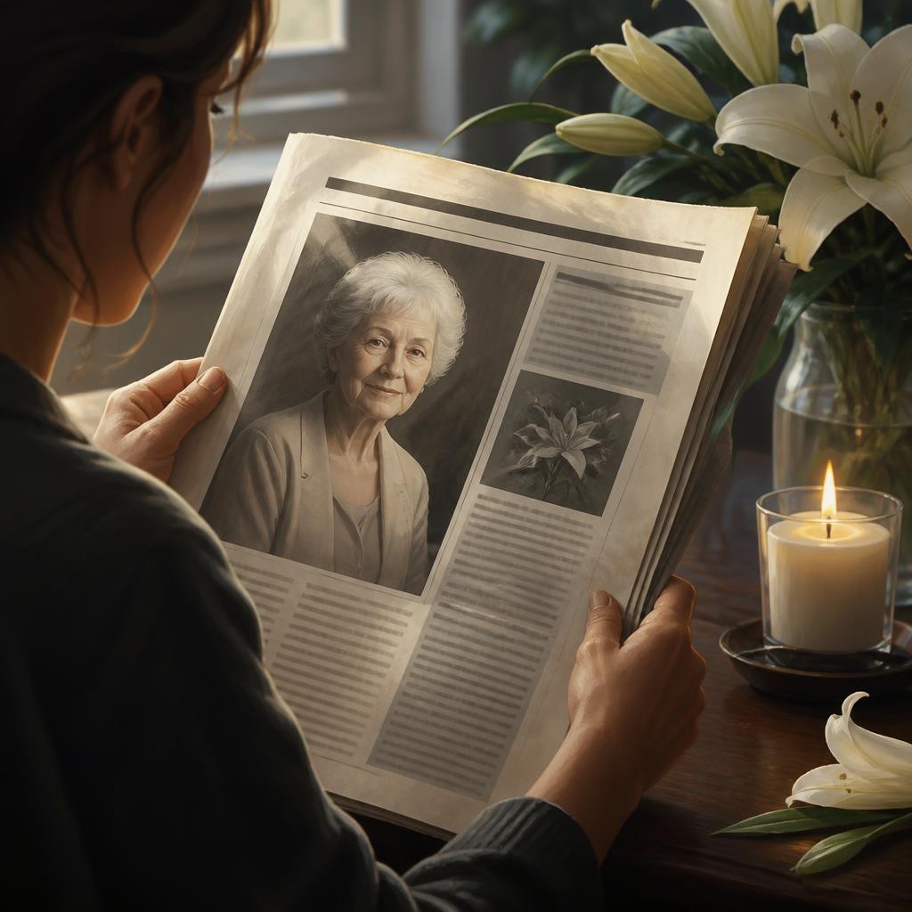 Illustration for the English word “obituary”