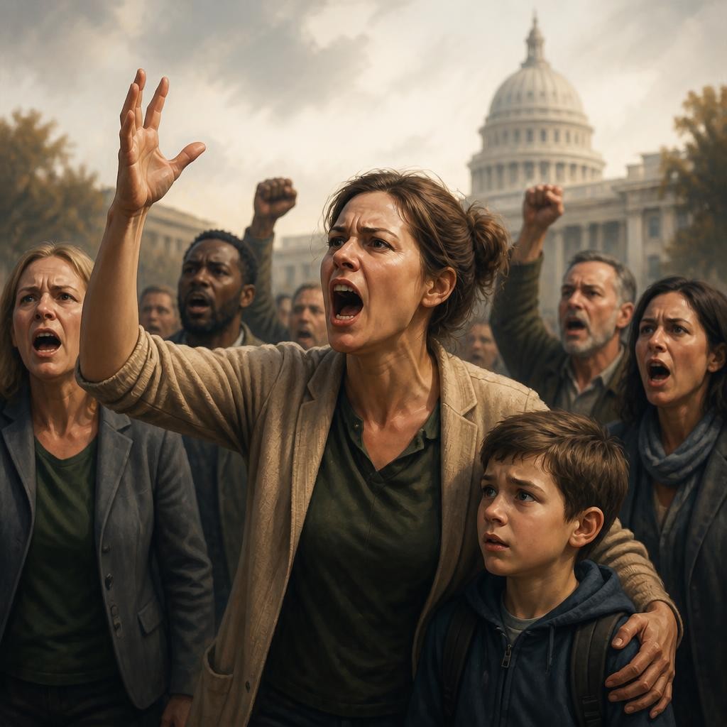 Illustration for the English word “outcry”