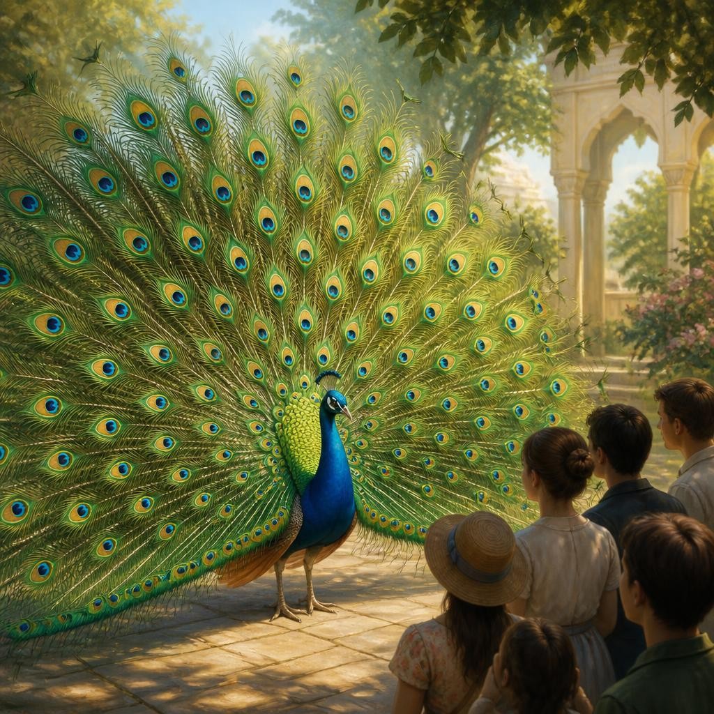 Illustration for the English word “peacock”