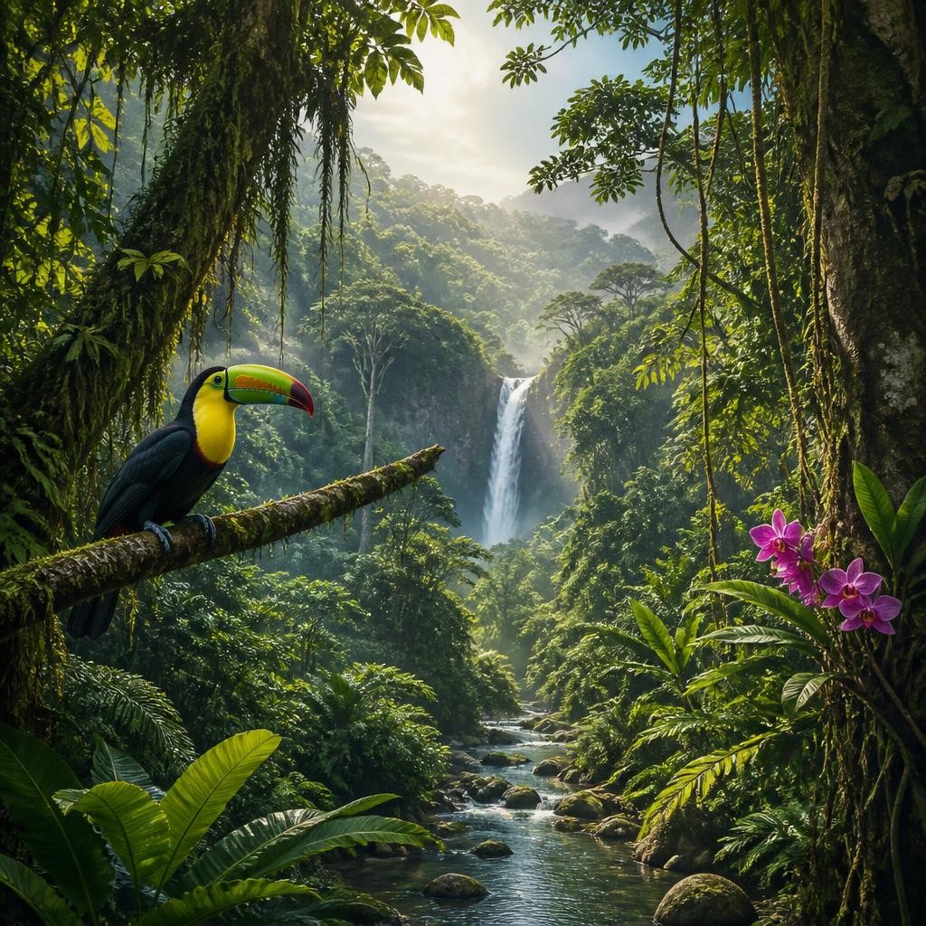 Illustration for the English word “rainforest”
