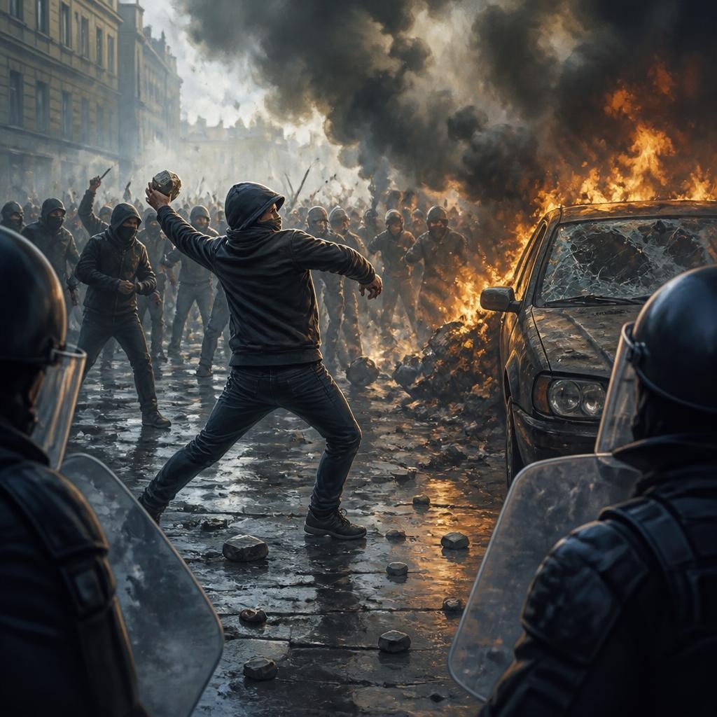 Illustration for the English word “riot”