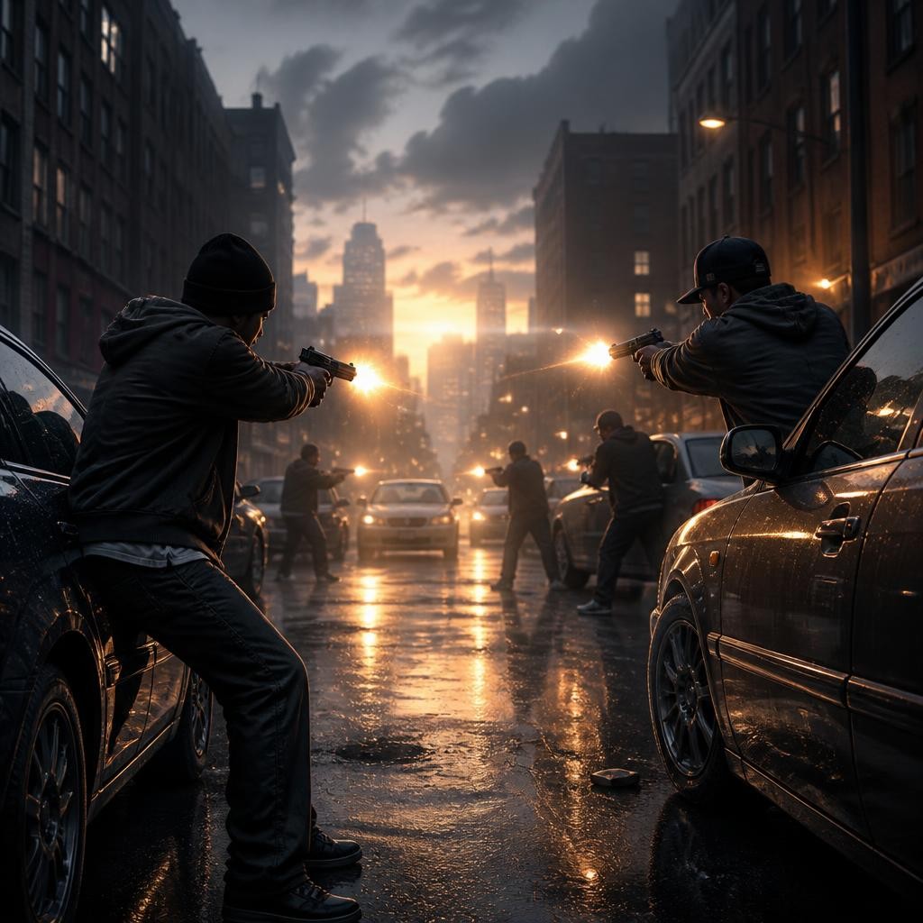 Illustration for the English word “shootout”