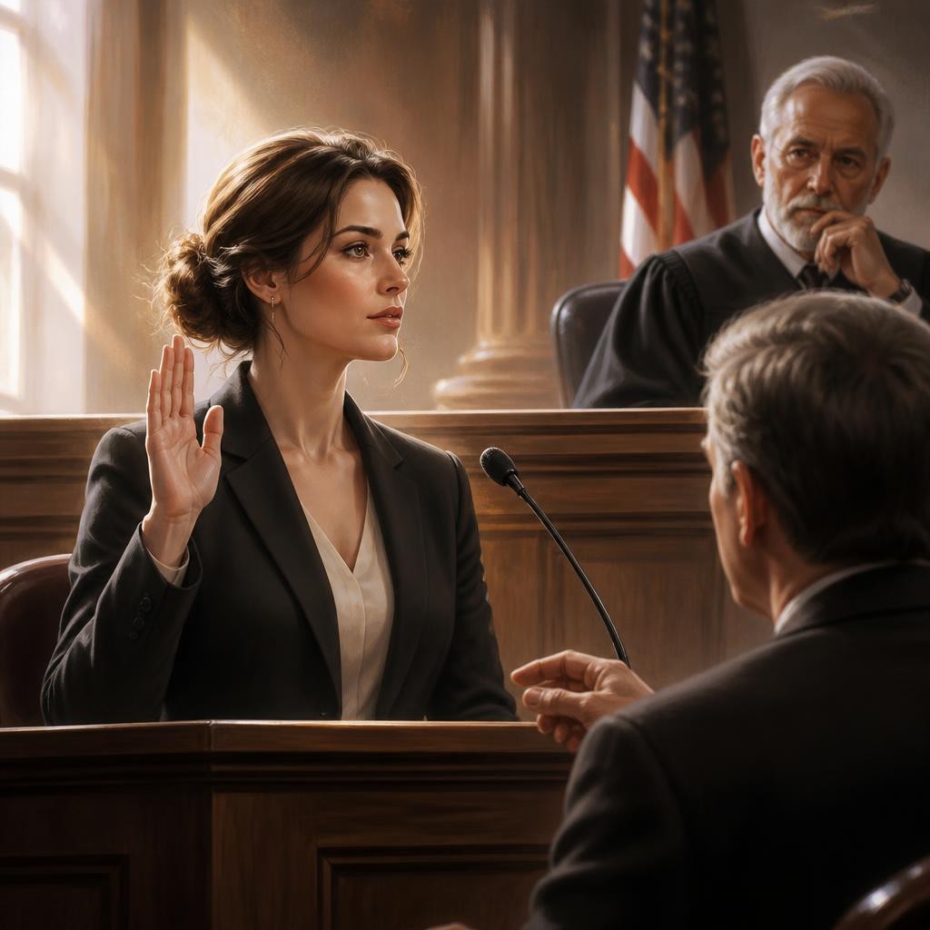 Illustration for the English word “testify”