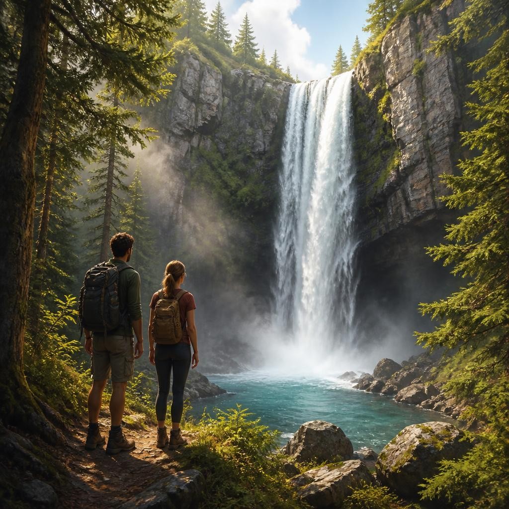 Illustration for the English word “waterfall”